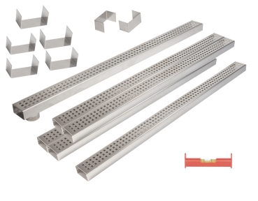 6er Rinnenset V2A superflach mit 1 Rinne mit Stutzen, 5 Rinnen geschlossen, 2 Endstücke, 5 Verbinder, 1 Dichtmittel, 1 Schnurwasserwaage
